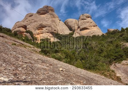 Mountains In Montserrat In Catalonia Of Spain In A Sunny Day. Very Interesting Shape Rocks.