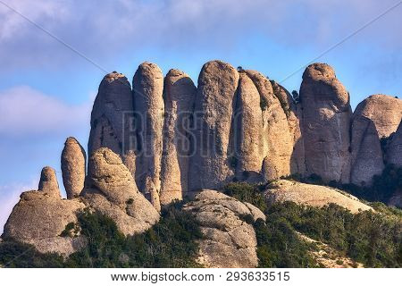 Mountains In Montserrat In Catalonia Of Spain In A Sunny Day. Very Interesting Shape Rocks.