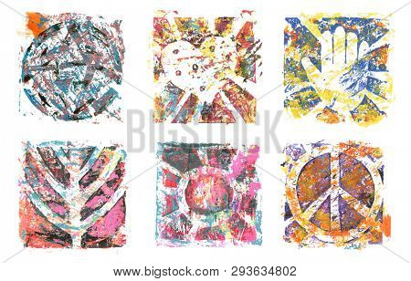 Abstract color acrylic and watercolor painting. Monoprinting  template. Canvas texture background.