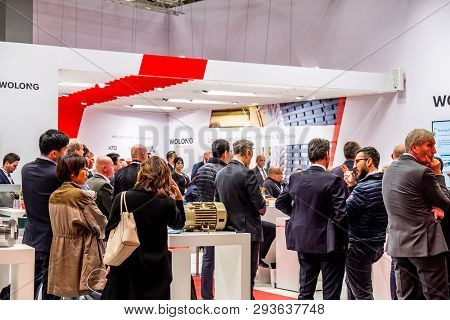 Hannover , Germany - April 02 2019 : Wolong Is Presenting The Newest Generation Of Cobots - Collabor