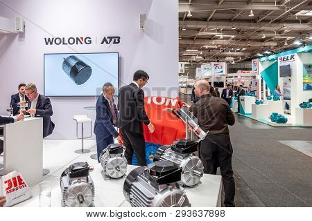 Hannover , Germany - April 02 2019 : Wolong Is Presenting The Newest Innovations At The Hannover Fai