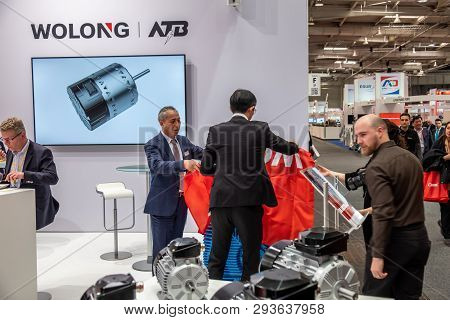 Hannover , Germany - April 02 2019 : Wolong Is Presenting The Newest Innovations At The Hannover Fai