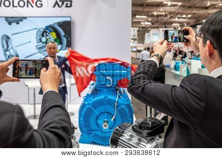 Hannover , Germany - April 02 2019 : Wolong Is Presenting The Newest Innovations At The Hannover Fai