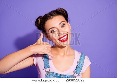 Close Up Photo Beautiful Amazing She Her Lady Two Buns Hand Arm Raised Near Ear Call Me Symbol Imagi