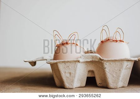 Easter Diy Egg, Made In Bunny Style. Minimal Easter Concept, Idea With Rabbit. Craft Hipster Holiday
