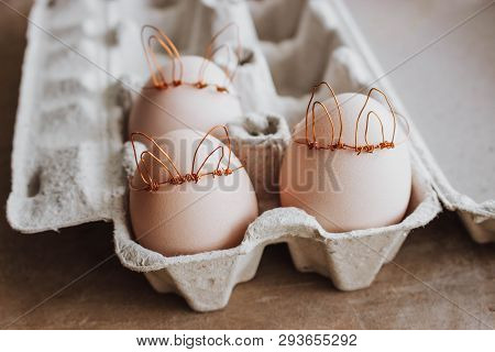 Easter Diy Egg, Made In Bunny Style. Minimal Easter Concept, Idea With Rabbit. Craft Hipster Holiday