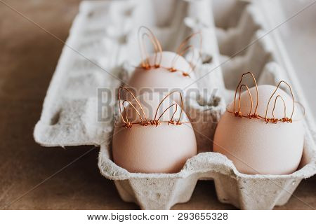 Easter Diy Egg, Made In Bunny Style. Minimal Easter Concept, Idea With Rabbit. Craft Hipster Holiday