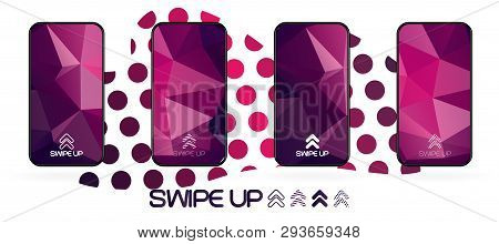 Triangular Polygonal Geometric Abstract Background With Swipe Up Icon. Bright Violet And Dark  Purpl