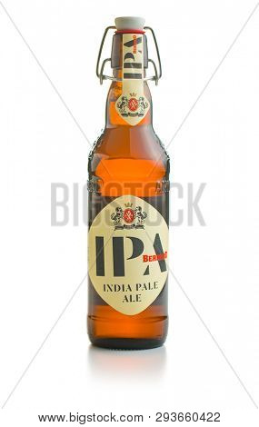 PRAGUE, CZECH REPUBLIC - APRIL 4, 2019: IPA india pale ale beer.  IPA beer made in Czech brewery Bernard.