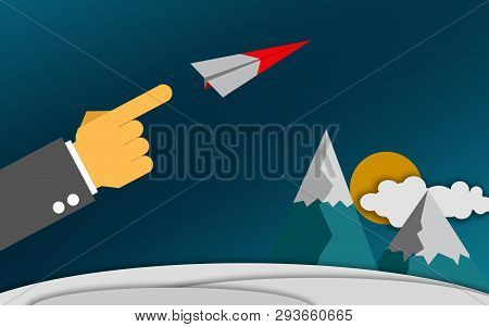 Finger Point To Flying Paper Plane , 3d Rendering