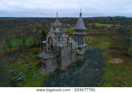 Old Wooden Church Of Dmitry Solunsky In November Evening (shooting From A Quadrocopter). Village Shc