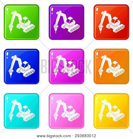 Drill Tractor Icons Set 9 Color Collection Isolated On White For Any Design