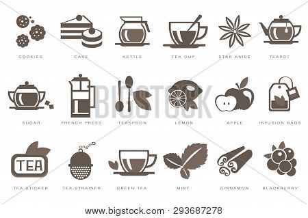Tea Time Linear Icons Set, Cookie, Cake, Kettle, Cup, Sugar, French Press, Teaspoon, Lemon, Apple, I