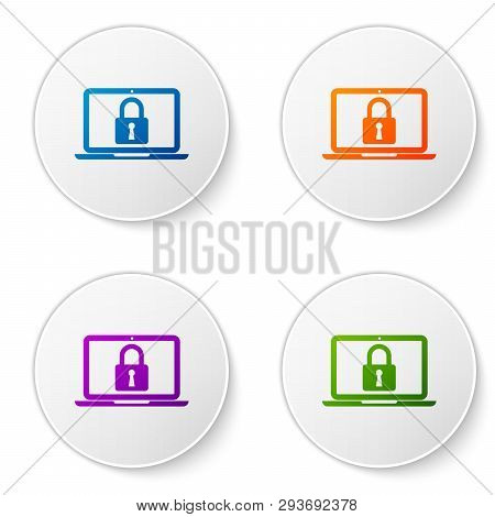 Color Laptop And Lock Icon Isolated On White Background. Computer And Padlock. Security, Safety, Pro