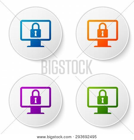 Color Lock On Computer Monitor Screen Icon Isolated On White Background. Monitor And Padlock. Securi