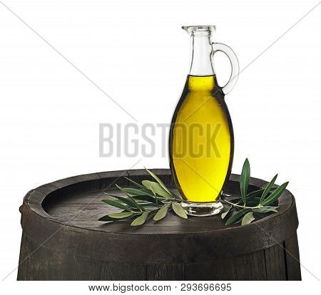 Bottle Of Extra Virgin Healthy Olive Oil With Barrel On White Background