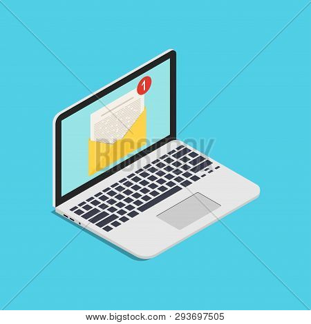 Isometric Email Marketing Concept. New Email Notification On Laptop Monitor. Template Design For Adv