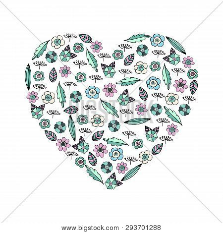 Heart Made Of Floral Elements. Template With Romantic Floral Doodles For Festive Design