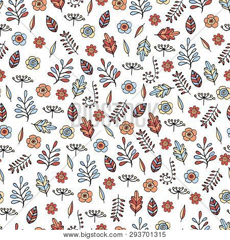 Seamless Pattern With Floral Doodles. Endless Texture With Romantic Floral Elements For Festive Desi