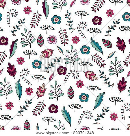Seamless Pattern With Floral Doodles. Endless Texture With Romantic Floral Elements For Your Design