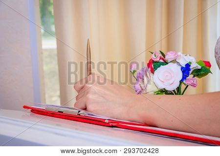 Hand Signs In The Registry Office. Painting In The Registry Office. Marriage Union Of Loving People.