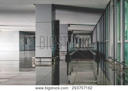 Interior Of The Modern Architectural In Shanghai Airport. Empty Airport Building. Bright Light From 