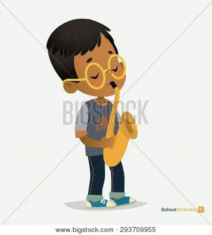 Afro American Boy Bespectacled Play On Saxophone