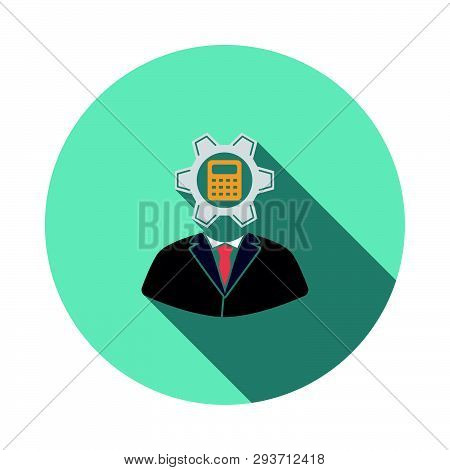 Analyst With Gear Hed And Calculator Inside Icon. Flat Color Design. Vector Illustration.