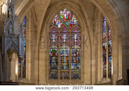 Bordeaux, France - September 9, 2018: Stained Glass Window At  Saint-eloi Church,  French Heritage M