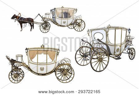 White Carriage Drawn By A Chestnut Horse Isolated On White Background, An Empty Carriage Isolated On