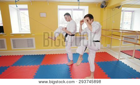 Two Athletic Men Training Their Aikido Skills. Warming Up Before Training