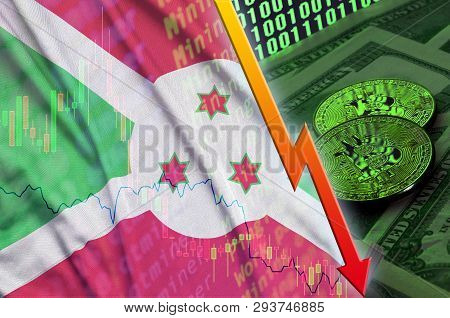 Burundi Flag And Cryptocurrency Falling Trend With Two Bitcoins On Dollar Bills And Binary Code Disp
