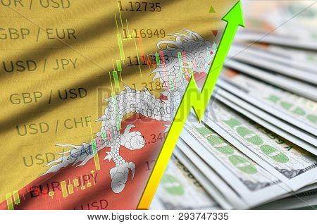 Bhutan Flag And Chart Growing Us Dollar Position With A Fan Of Dollar Bills