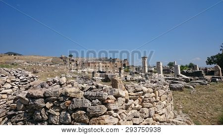 Sunny View Of Ancient Ruins Of Ancient Hierapolis Near Pamukkale, Denizli Province, Turkey.