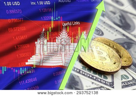 Cambodia Flag And Cryptocurrency Growing Trend With Two Bitcoins On Dollar Bills