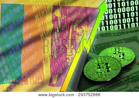Sri Lanka Flag And Cryptocurrency Growing Trend With Two Bitcoins On Dollar Bills And Binary Code Di