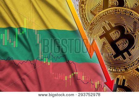 Lithuania Flag And Cryptocurrency Falling Trend With Many Golden Bitcoins