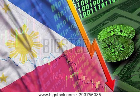 Philippines Flag And Cryptocurrency Falling Trend With Two Bitcoins On Dollar Bills And Binary Code 