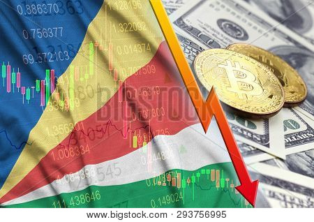 Seychelles Flag And Cryptocurrency Falling Trend With Two Bitcoins On Dollar Bills