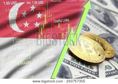 Singapore Flag And Cryptocurrency Growing Trend With Two Bitcoins On Dollar Bills