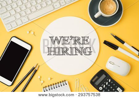 Job Recruit Concept With Office Desk. Business Background. Top View From Above