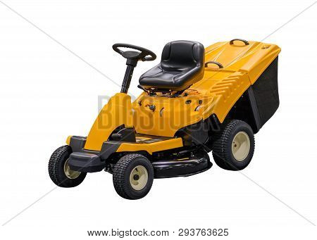 Image Of Yellow Motorized Lawn Mower Isolated On White Background