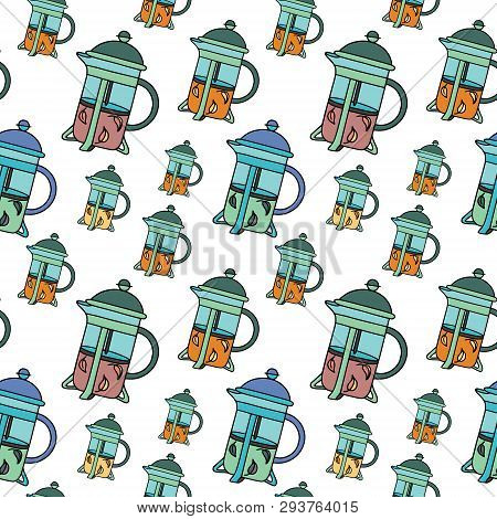 French-press With Black And Green Tea. Doodle Illustration. Fabric Print Pattern, Stationery And Wra