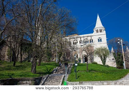 Budapest, Hungary - April, 2018: Fisherman Bastion A Terrace Located On The Buda Bank Of The Danube 