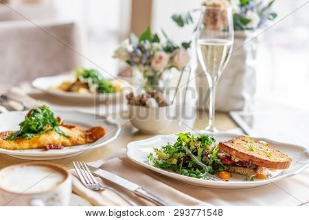 French Toast Brioche, Sandwich With Pastrami And Sun-dried Tomatoes. Light Morning Breakfast, Fresh 