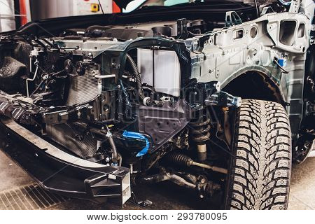 Wires From The Car Wiring Lies In The Cabin Of The Dismantled Car With Connectors And Plugs, A View 
