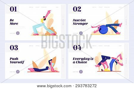 Set Of Website Landing Page And Web Page Templates, Male And Female Characters Fitness Workout And H