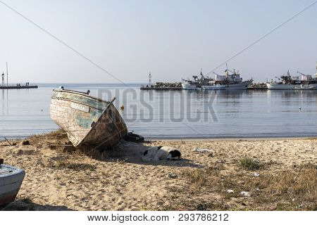 Nea Moudania, Greece - March 31, 2019: Coastal Street Of Town Of Nea Moudania, Chalkidiki, Central M
