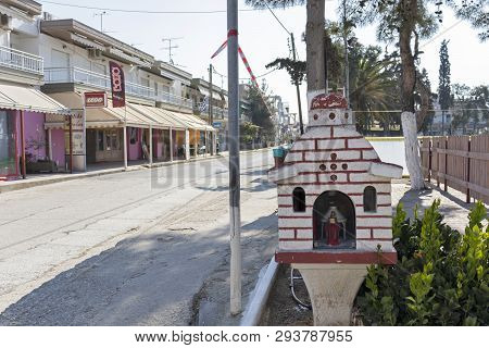 Nea Moudania, Greece - March 31, 2019: Coastal Street Of Town Of Nea Moudania, Chalkidiki, Central M