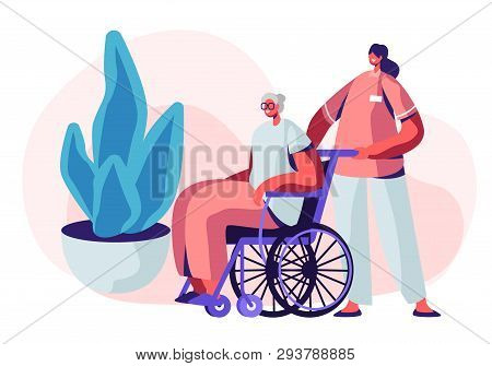 Help Old Disabled People In Nursing Home. Young Nurse Social Worker Care Of Sick Senior Driving Her 